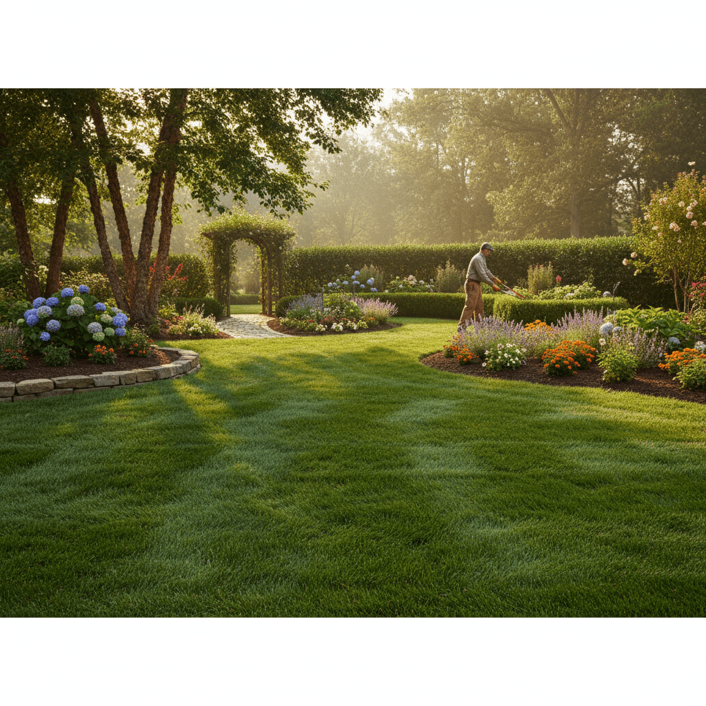 Professional yard maintenance with trimmed grass and landscaping