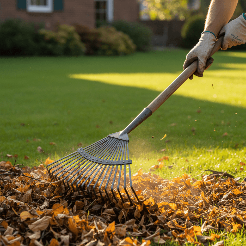 Professional yard worker clearing leaves with a rake