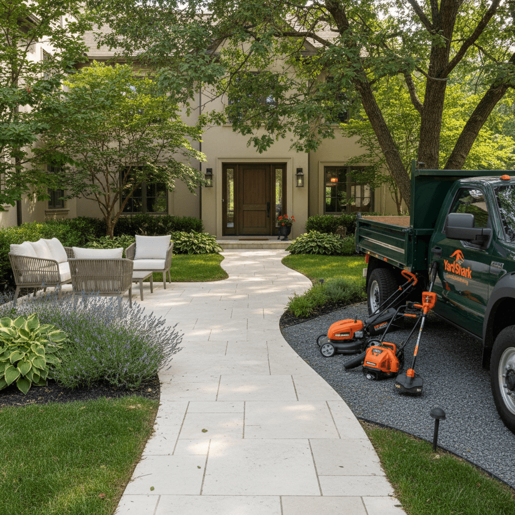 Professional yard service setup at residential property