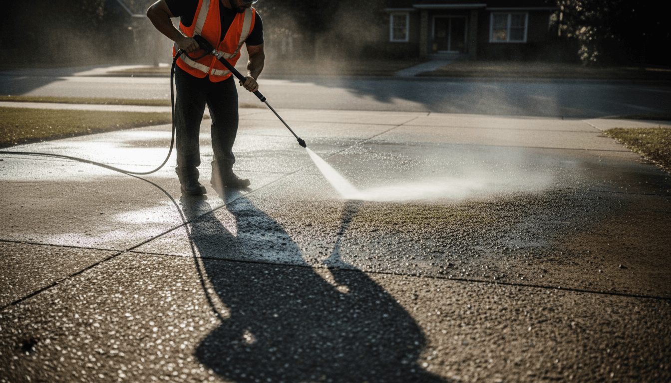 Professional yard maintenance specialist power washing a residential driveway in Lake Arrowhead