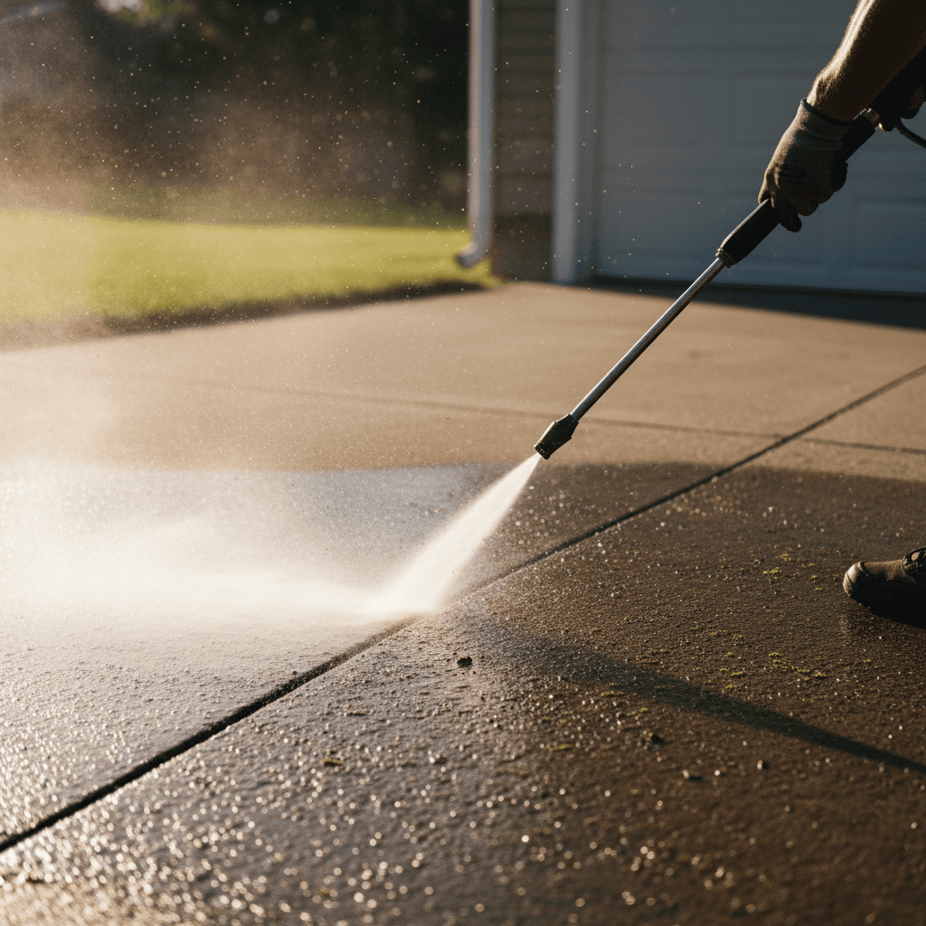 Power washing contractor cleaning concrete driveway with professional equipment