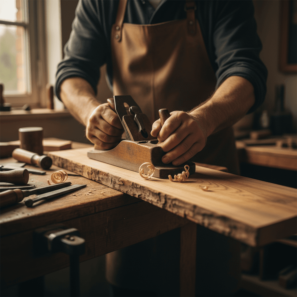 Work gloves and yard maintenance tools on a workbench